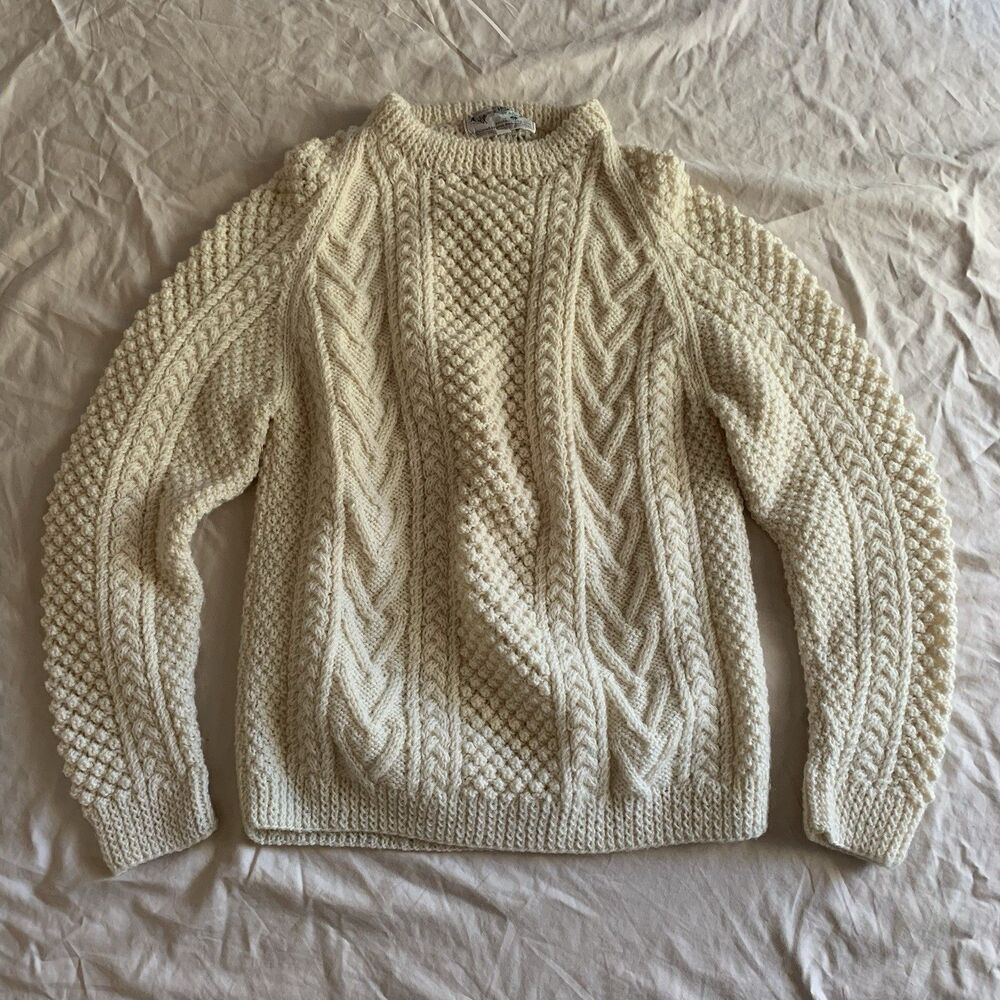 VTG Highland Home Sweater Mens Size 36 Cream Pure Wool Hand Knit Aran
